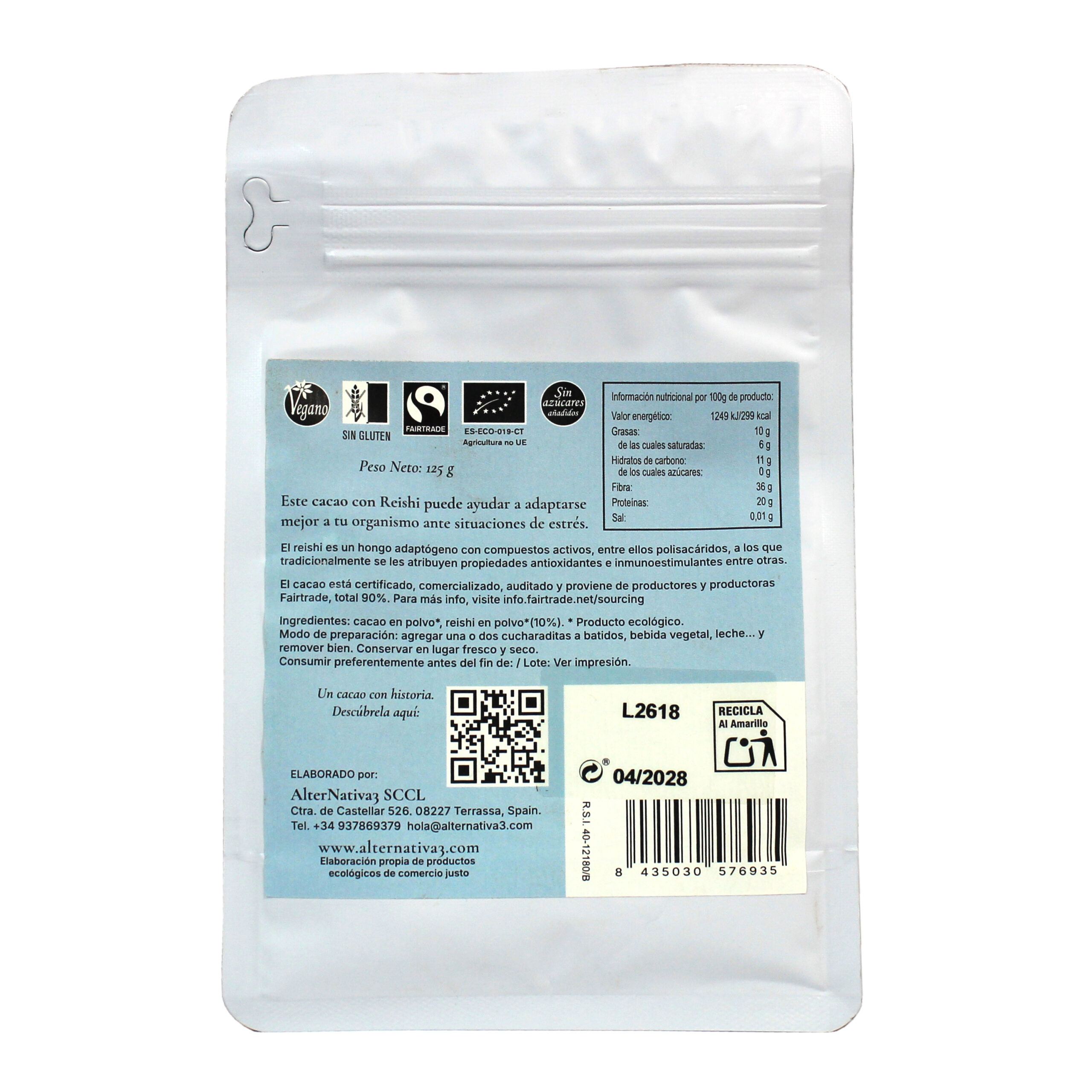 Cacao con reishi ecológico AlterNativa3 125 g - reverso del envase