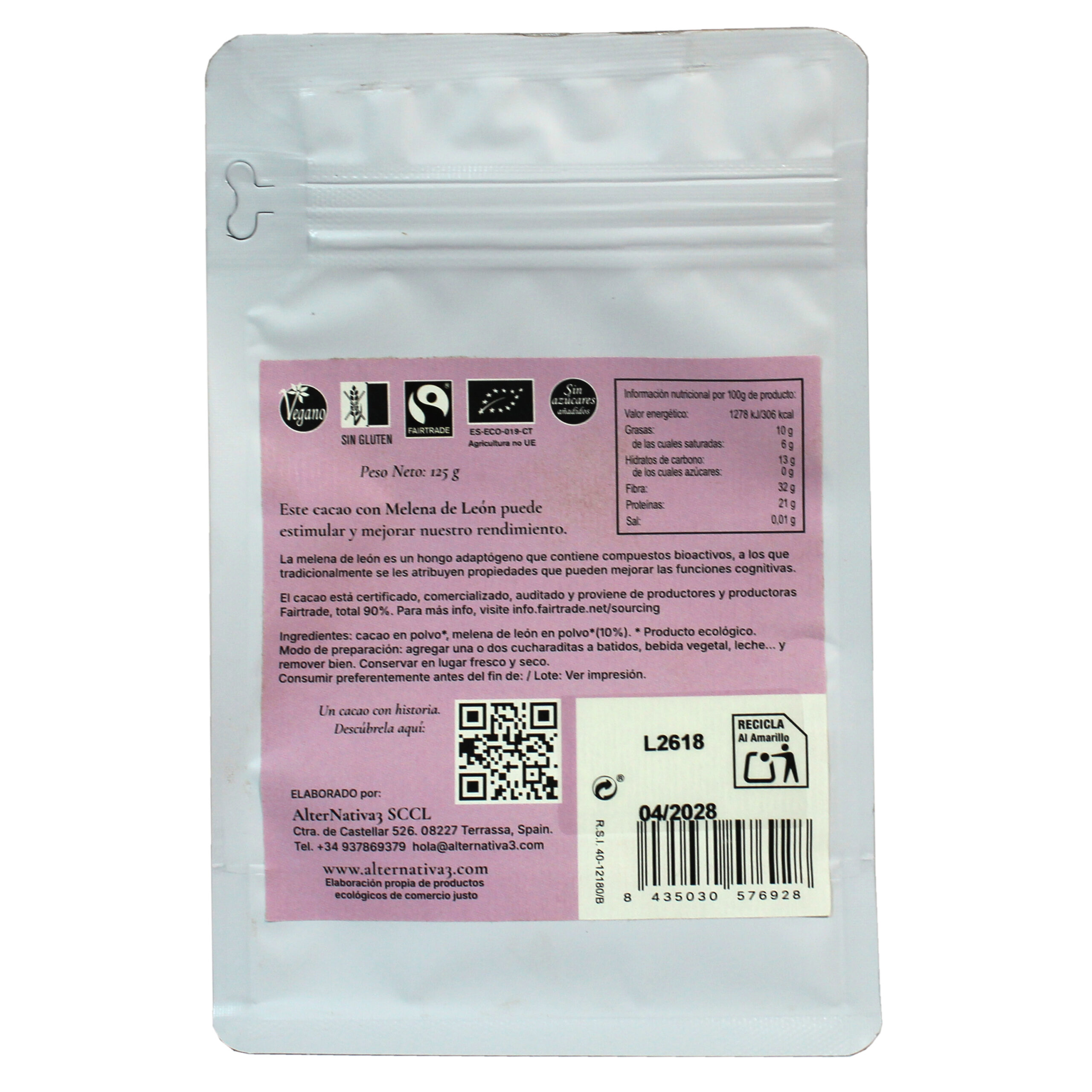 Cacao con melena de león ecológico AlterNativa3 125 g - reverso