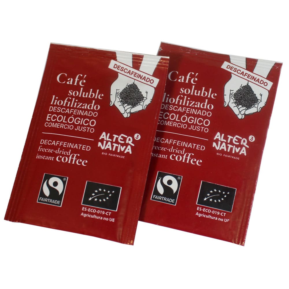 cafè descafeïnat soluble liofilitzat en sobres ecològic i de comerç just