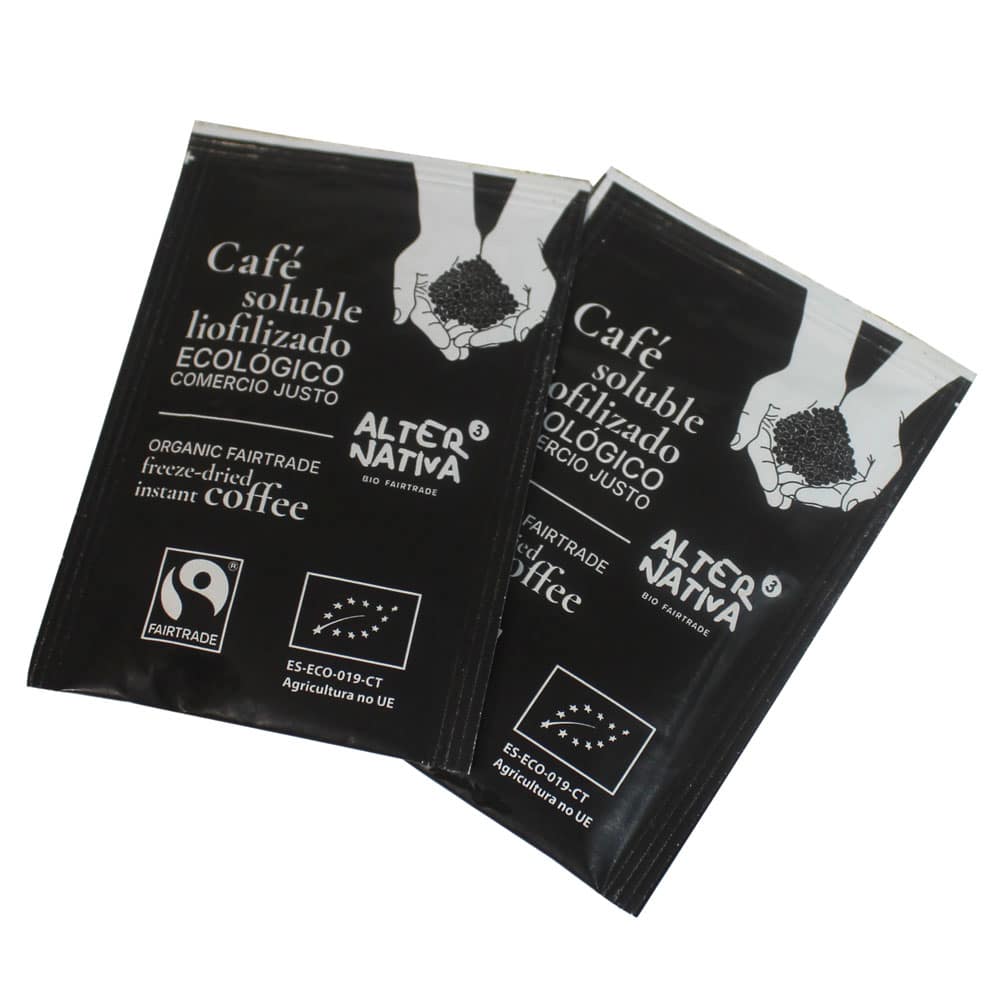 Freeze-dried instant coffee sachets, organic, fairtrade.