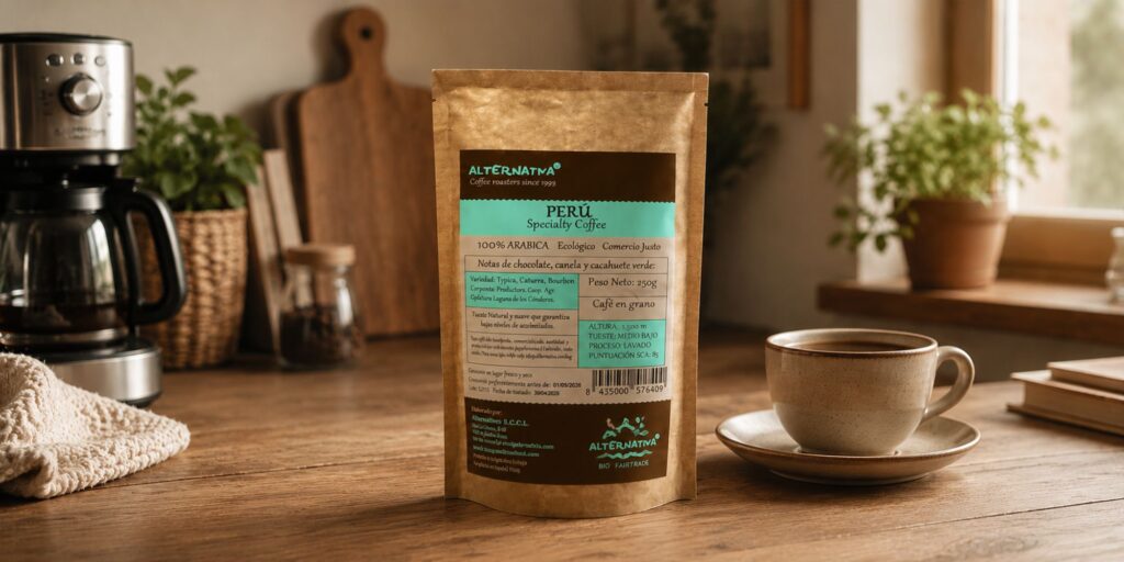 Organic and Fairtrade Peruvian Arabica coffee from AlterNativa3 in a coffee shop with coffee beans