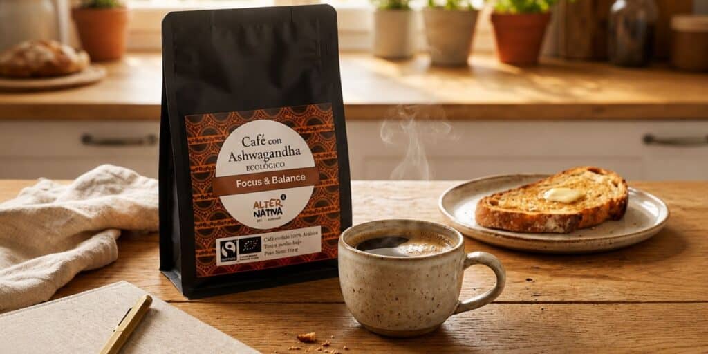 Café con ashwagandha ecológico y de Comercio Justo de AlterNativa3 junto a una taza de café recién preparado