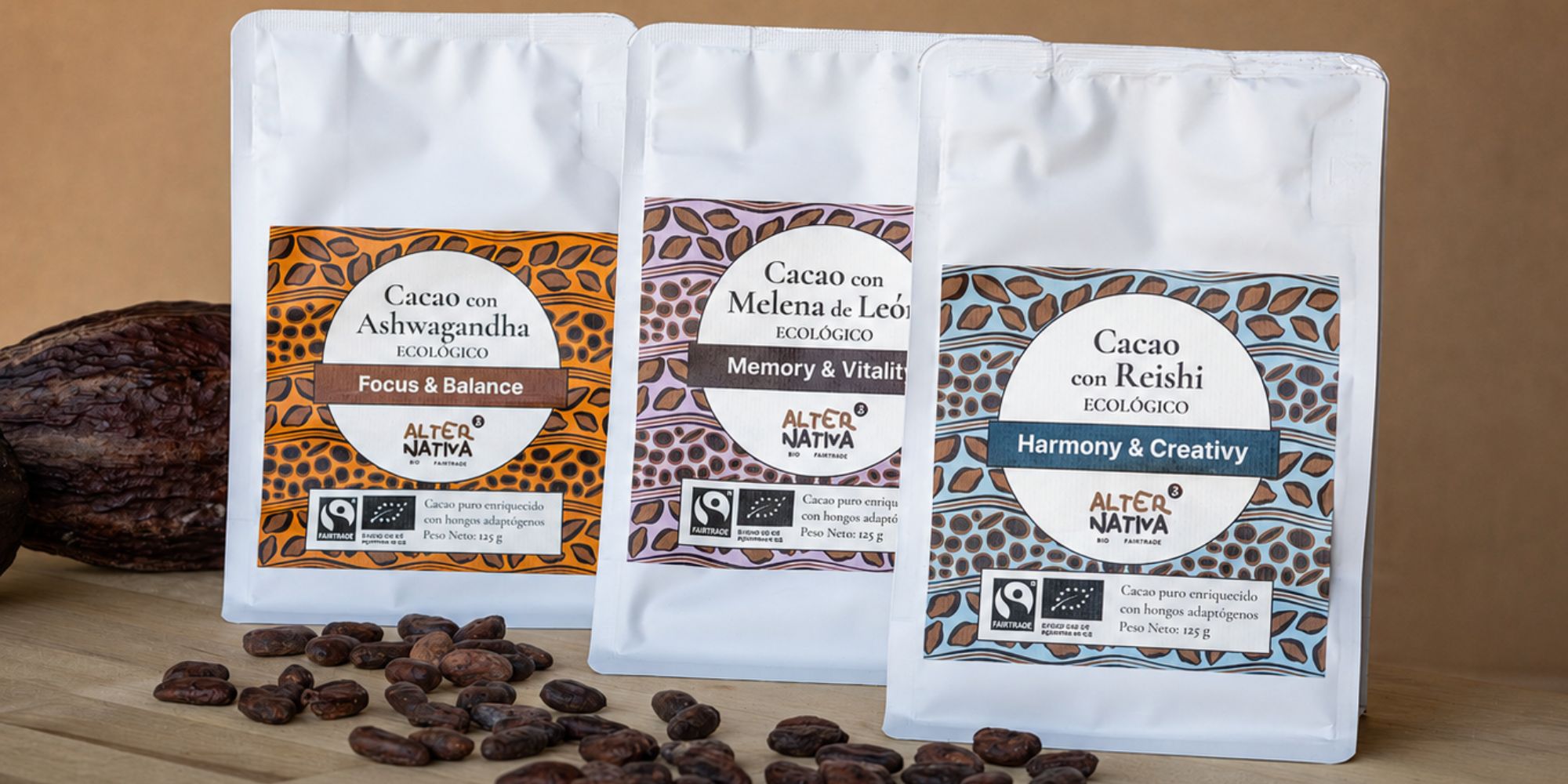 Cacaos funcionales ecológicos de AlterNativa3 con ashwagandha, melena de león y reishi elaborados con cacao puro de comercio justo